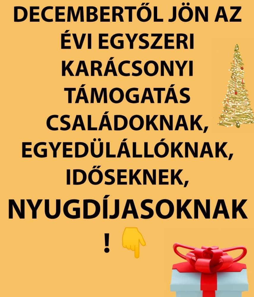 Bejelentették:🎄 Egyszeri karácsonyi támogatás családoknak, egyedülállóknak és nyugdíjasoknak – pénzben vagy ajándékcsomag formájában 🎁